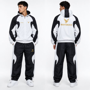 Conjunto de 2 piezas de pantalones deportivos softshell con cremallera personalizados para hombre, con ribetes elásticos en las puños, chándal unisex de nailon con bloques de color y cortavientos. - Product Image 3
