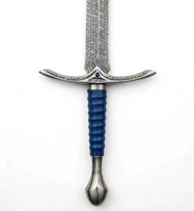 Handcrafted Damascus Steel Display Piece Engraved Crossguard Blue <b>Leather</b> Wrapped Handle - Product Image 4