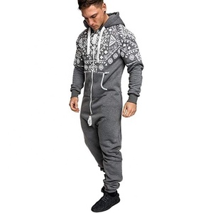 New Casual Men's Printed Romper With Front Zipper Sublimated Drawstring Hood Track Suit Zip Sleeping Wear <b>Knickers</b> Sweat Suit - Product Image 3