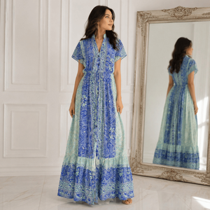 Vestido Maxi de Seda de Alta Calidad, Talla Única, Azul, Estampado Digital Étnico Vintage Paisley, Estilo Ibiza, Bohemio, Cintura Natural - Product Image 2