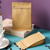Sac à café en papier kraft naturel, fond plat scellé sur huit côtés, avec valve et fermeture éclair à tirette