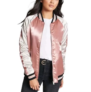 Women's Pink And White Satin Varsity Jacket Full Sleeve Zipper Closure Stand Collar Autumn Wear - Product Image 4