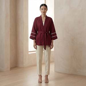 Women Maroon Handspun Cotton Kyoto Kimono Sleeve Wrap <b>Top</b> For Women Featuring Lightweight Fabric Modern Style Comfortable Fit - Product Image 4