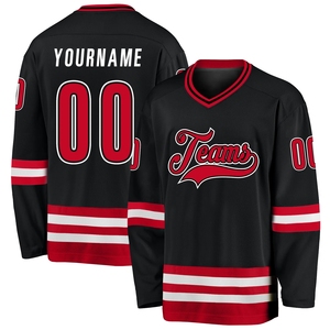 Camiseta de Hockey sobre Hielo Personalizada Unisex para Equipos, Negra, Roja y Blanca, Cuello en V, Manga Larga, Impresión Sublimada, Absorbe la Humedad, Transpirable, Anti-UV - Product Image 1