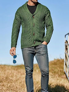Fashion Daily Wear Men <b>Cable</b> Twist Cardigan Solid Green Full Sleeve Button Front Autumn Wear <b>Sweater</b> Standard Thickness Regular - Product Image 3
