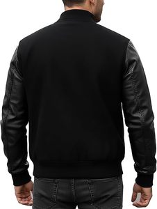 Blousons universitaires pour hommes de haute qualité, légers, à col montant, en laine d'hiver, avec manches en cuir, design optimal, devant en tissu uni - Product Image 2
