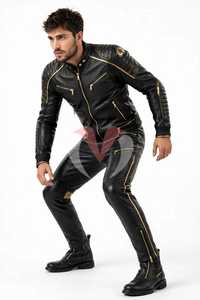 Conjunto de Chaqueta y Pantalones de Cuero Negro para Motociclismo con Detalles de Cierre Dorado para Hombre - Product Image 5