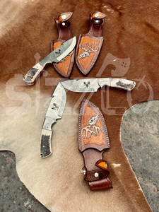 Cuchillo de caza OEM Wirecut de acero de Damasco, tipo Skinner, con mango de asta de ciervo, gancho para desollar, hoja fija, para camping, actividades al aire libre y EDC, con funda de cuero - Product Image 3