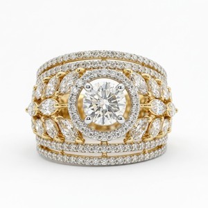 แหวนแต่งงานเพชรทรงกลม 0.50 กะรัต ทองคำขาว 14K รับรองโดย IGI พร้อมเพชรรอบวงแหวน 3.07 กะรัต ดีไซน์ใบไม้กว้าง - Product Image 1