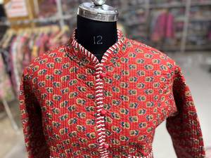 Red <b>Quilted</b> Cotton <b>Jacket</b> With Mandarin Collar Sleeve Printed <b>Pattern</b> Single Button Closure Women's Autumn Wear GIFT FOR HER - Product Image 2