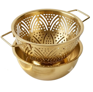 Juego de coladores de metal de doble capa dorados con asas, colador de alimentos de metal hecho a medida, utensilio de cocina - Product Image 1