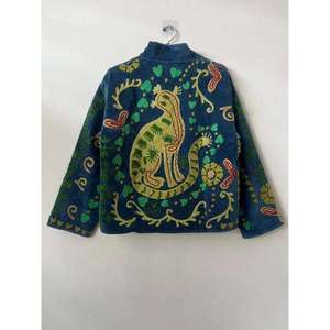 Artisan Blue <b>Velvet</b> Suzani <b>Jacket</b> Floral Embroidered With Animal Pattern Bohemian Full Sleeve <b>Women's</b> Spring Outerwear - Product Image 4
