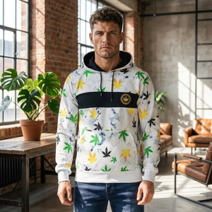 Sweat à capuche en molleton pour homme, imprimé 3D motif feuille, délavé à l'acide, blanc, vert, jaune, avec logo frontal et poche, coupe classique, hiver - Product Image 1
