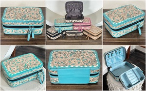 High Quality <b>Tooled</b> Genuine Cowhide <b>Leather</b> Zipper Closure Durable Storage Box Western Style Jewelry Organizer Cases for Women - Product Image 3