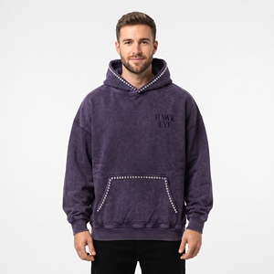 Sudadera con capucha de algodón grueso con efecto acid wash para hombre, con capucha personalizada con pedrería y bolsillo canguro, logotipo bordado personalizado. - Product Image 4