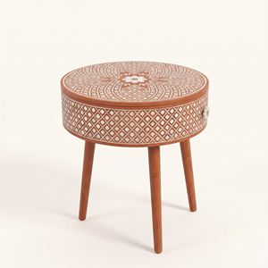 Mesita de Noche Redonda de Nácar Naranja con 1 Cajón, Incrustaciones Florales, Mueble de Dormitorio de Lujo Hecho a Mano - Product Image 4