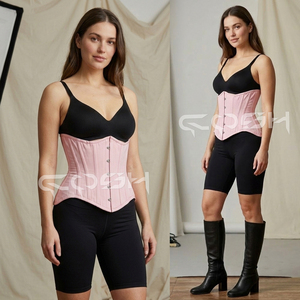 Corset gainant rose en coton robuste, à baleines spirales, avec fermeture frontale à busc pour sculpter la taille - Product Image 4