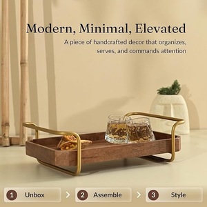 Handmade <b>Rustic</b> Wooden Decorative Serving Tray Gold Metal Handle Rectangular Walnut Tray for Living Room <b>Coffee</b> <b>Table</b> Decor - Product Image 2