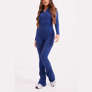 Combinaison longue pour femme, bleue, taille haute, manches longues, col polo, fermeture éclair, couleur unie, décontractée, respirante, en spandex et polyester - Product Image 2