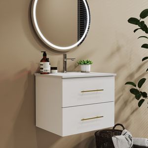 Mobile Bagno Sospeso da 24 Pollici con Doppio Cassetto, Facile da Montare, Lavabo in Ceramica, Maniglia Lunga in Metallo Dorato, 2 Lavabi - Doppio Cassetto - Product Image 4