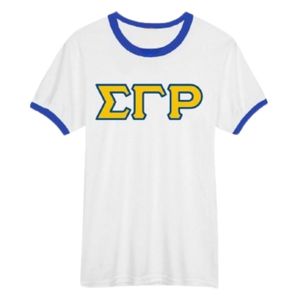 Camiseta de Manga Corta con Letras Sigma Gamma Rho, Color Blanco con Ribete Azul, para Mujer, Hermandad Griega, Cuello Redondo, Personalizada, Casual, Universitaria - Product Image 1