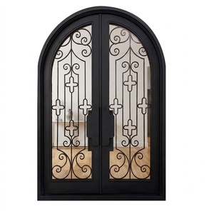 Royal Luxury Traditional Wrought Iron Water Resistant Entry Door Geometric Glass Panels Arched Design <b>Swing</b> Style Exterior Door - Product Image 1