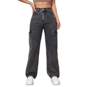 Pantalon cargo en denim gris multi-poches, style rétro vintage, streetwear tendance, écologique, respirant, lavé, taille 26 à 40 - Product Image 3