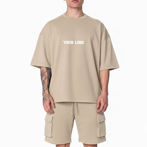 Conjunto de pantalón corto y camiseta de hombre de alta calidad, 100% algodón, con logotipo bordado personalizado, camiseta oversize con hombros caídos y pantalón corto, conjunto de 2 piezas para hombre. - Product Image 1