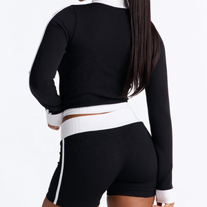 Customized Front Logo Women's Black Ribbed Zip Up Crop Top and <b>Shorts</b> <b>Set</b> Long Sleeve High Neck 2 Piece Waffle Knit <b>Shorts</b> <b>Set</b> - Product Image 2