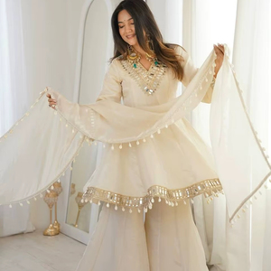 Elegant Beige Mirror Work <b>Kurta</b> Sharara Set with Dupatta | Designer Ethnic Wear Suit for <b>Women</b> | Festive Wedding Party Wear - Product Image 1