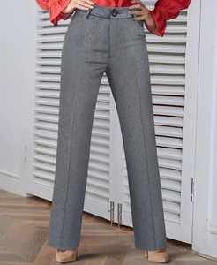 Pantalon décontracté gris uni taille mi-haute coupe droite en polyester et coton, anti-plis, longueur genou, taille élastique, pour femme de bureau - Product Image 1