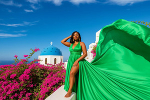 Vibrant <b>Emerald</b> Green Flying <b>Dress</b> For Santorini Photoshoot Elegant Satin Silk Long Flowing Trail Gown V Neckline Halter Gown - Product Image 4