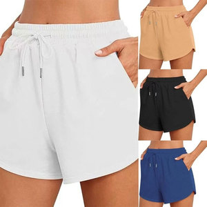 Shorts taille haute pour femmes avec cordon de serrage, couleur unie, en coton tricoté, décontractés, coupe régulière, avec poches, style vintage, respirants, noir, beige - Product Image 5