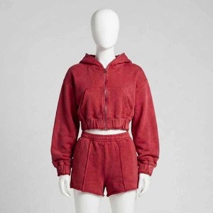 Conjunto de Dos Piezas de Sudadera Corta con Capucha y Pantalones Cortos de Felpa Francesa de Algodón con Apliques Casuales Personalizados, Lavado Ácido, Estilo Vintage y Ecológico - Product Image 6