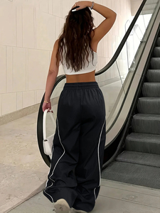 Casual Striped Contrasting Elastic Waist Workwear <b>Parachute</b> <b>Pants</b> Women's Mid-Rise Drawstring Wide Leg Loose Fit - Product Image 4