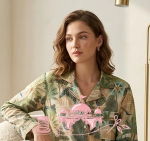 Conjunto de Pijama de Algodón Puro Tejido a Mano con Estampado de Palmeras Tropicales y Arquitectura Herencia, Elegante, de Manga Larga y Cuello Camisero - Product Image 1