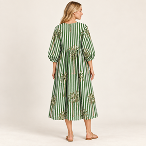 Green Striped Tropical Palm Print Boho Midi <b>Dress</b> With Puff Sleeves And Pockets <b>Loose</b> Fit A-Line Summer Casual <b>Dress</b> - Product Image 2