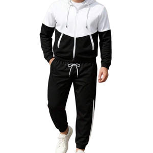 Survêtement à capuche zippé intégral colorblock noir et blanc pour homme avec pantalon assorti – Vêtements en gros OEM ODM - Product Image 1