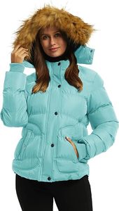 Chaqueta Acolchada Gruesa para Mujer, con Capucha, Cierre de Cremallera, Tejido Liso Teñido, Impermeable, Resistente al Viento, con Ribete de Piel Sintética, para Invierno - Product Image 2