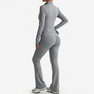 Custom Solid High Stretchy Gym Zip Workout Jackets Breathable <b>Fold</b> Waist Flared Above Knee <b>Yoga</b> <b>Pants</b> 2-Piece Active Wear Sets - Product Image 5