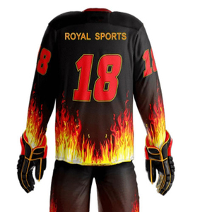 Ensemble uniforme de hockey pour hommes Blanc Jaune Noir Impression par transfert thermique Respirant 100% Polyester Maillot Pantalon Gants Patins - Product Image 4