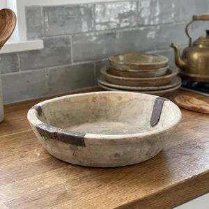 Plateau de service vintage indien en bois pour pétrir la pâte, avec support métallique, style rustique, pour bougies, serviettes, console ou table basse - Product Image 5