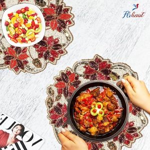 Set de table rond brodé floral, rouge et or, design traditionnel chinois, tissu fait main, 400 mm - Product Image 3