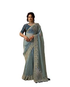 Sari traditionnel en organza satiné Zari de Shree Krishna Textiles pour femmes - Anti-humidité, infroissable, idéal pour l'hiver et toutes les saisons, mariages et fêtes - Product Image 1