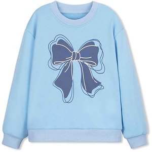 Light Blue Women's Jersey Hooded Sweatshirt Digital Printed <b>Bow</b> Front Logo Regular Fit Long Sleeve Casual Autumn Cotton Knitted - Product Image 1