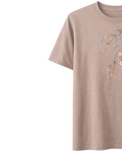Camiseta de Mujer Color Beige Taupe Personalizada con Bordado Floral, Cuello Redondo, Algodón Suave, Manga Corta, Informal, Ligera, para Verano - Product Image 2