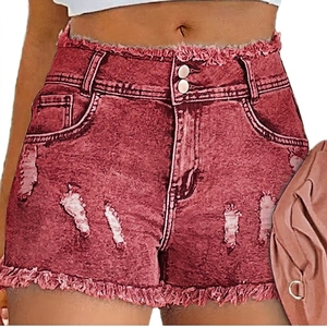 Women's <b>High</b> <b>Waist</b> Distressed Denim <b>Shorts</b> With Button Closure Frayed Hem Summer Casual Style - Product Image 4