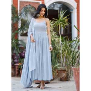 Vestido de Gasa Gris Cielo con Corte en A y Cintura Imperio, Talla XS, con Superposición de Lentejuelas - Product Image 1