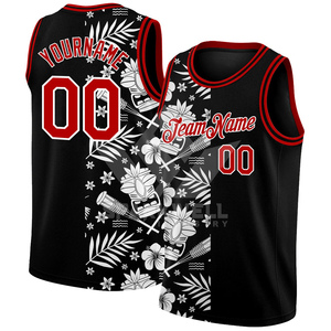 Maillot de basketball personnalisé sublimé noir et rouge avec motif palmier, sans manches, unisexe, pour adulte, avec nom et numéro d'équipe, respirant - Product Image 2