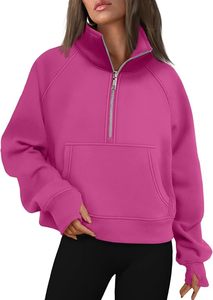 Sweat-shirt à col zippé pour femme, coupe ample, en polaire rose fuchsia magenta, avec col demi-zippé et poche kangourou - Product Image 5